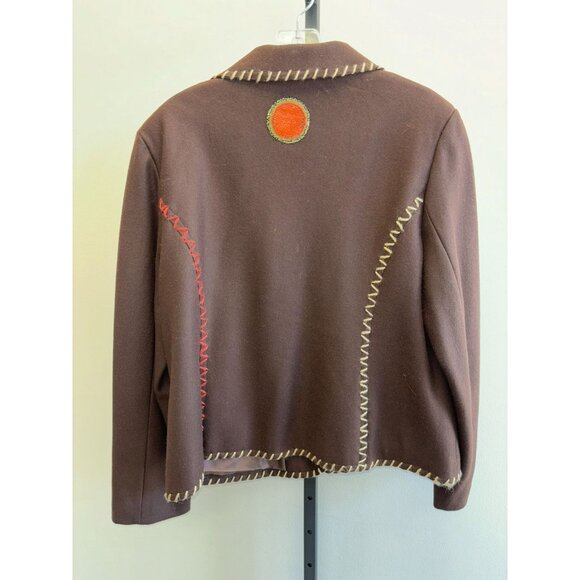 Script Women's Brown Wool Blend Embroidered Blazer Size 16 #31018 - Picture 2 of 3